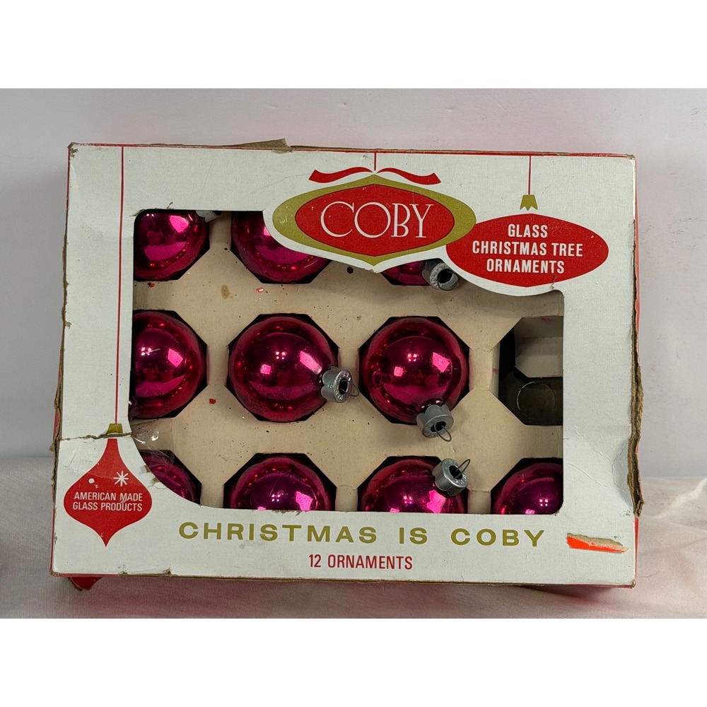 Vintage Coby Glass Christmas Tree Ornaments Pink Magenta Set of 11 USA Made